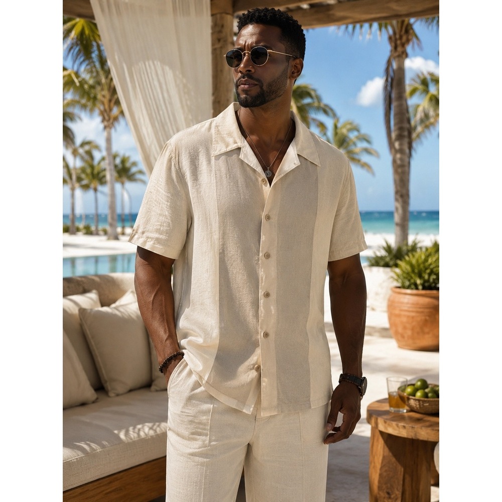 Cream Linen‎ Blend Shirt Men XL Ivory Colorblock Beach Casual Resort Vacation